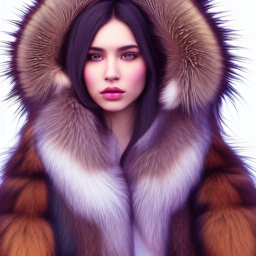 Native American Girl in Fur Coat, Detailed Matte Painting