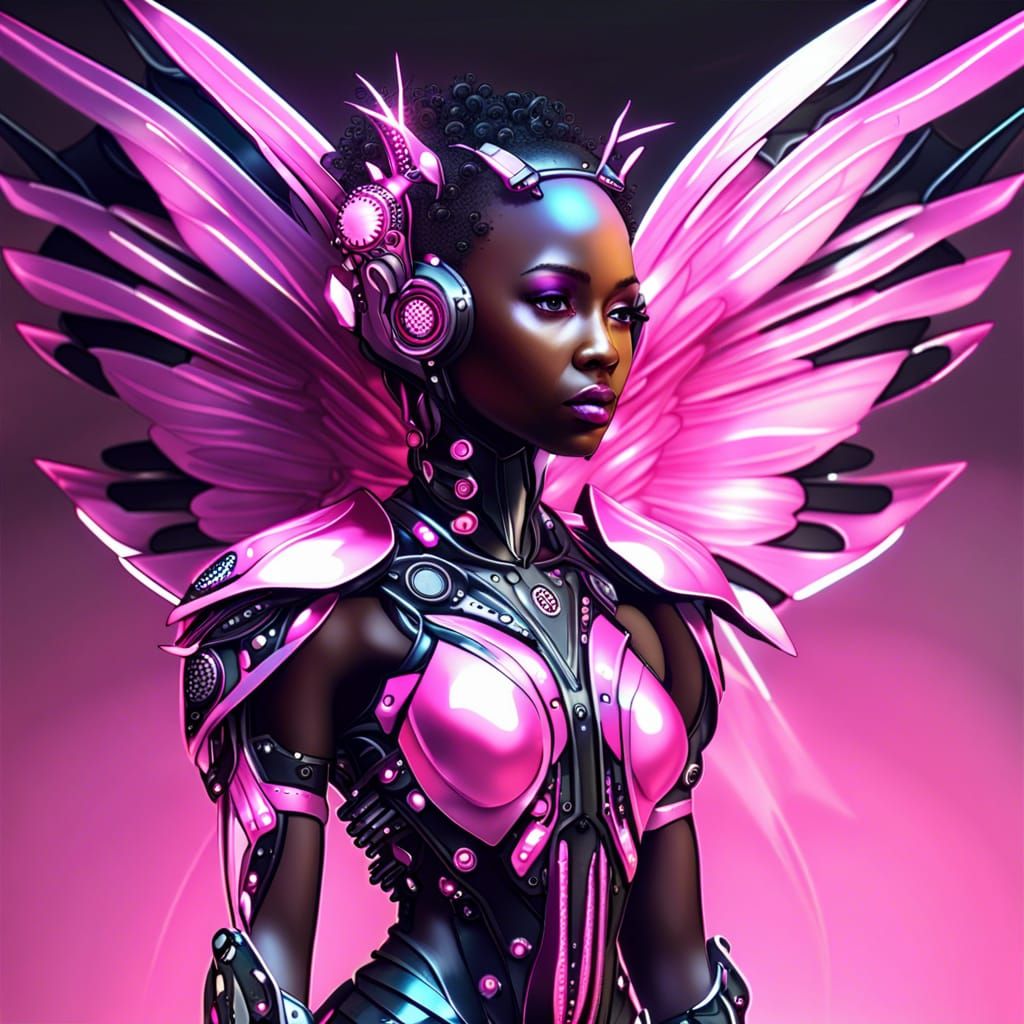 Pink Chrome Cyborg Fairy with Cybernetic Body