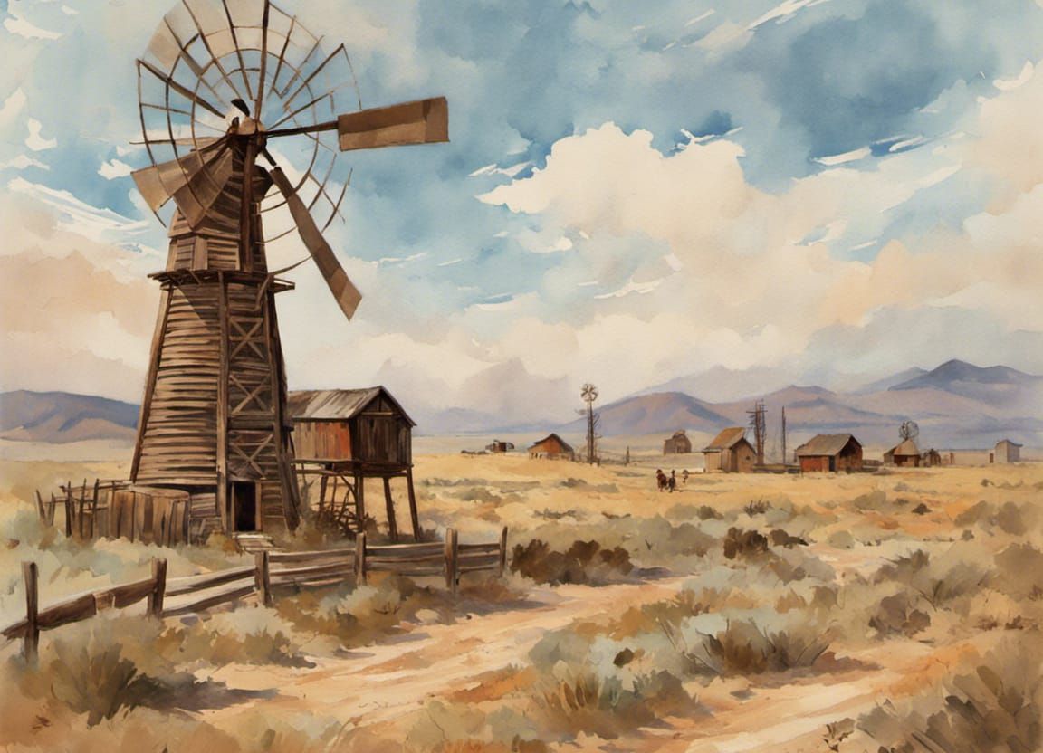 Wild West Windmill: An Impressionist Gouache Painting