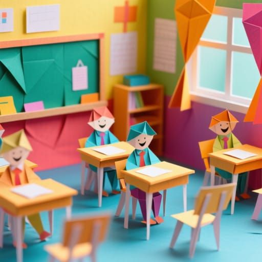 Papercraft Origami Classroom Scene in Bright Colors