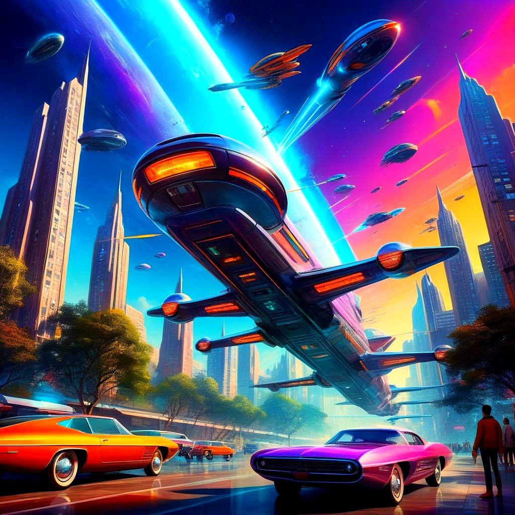 Retro-Futuristic Cityscape of 2025 in Vibrant Technicolor