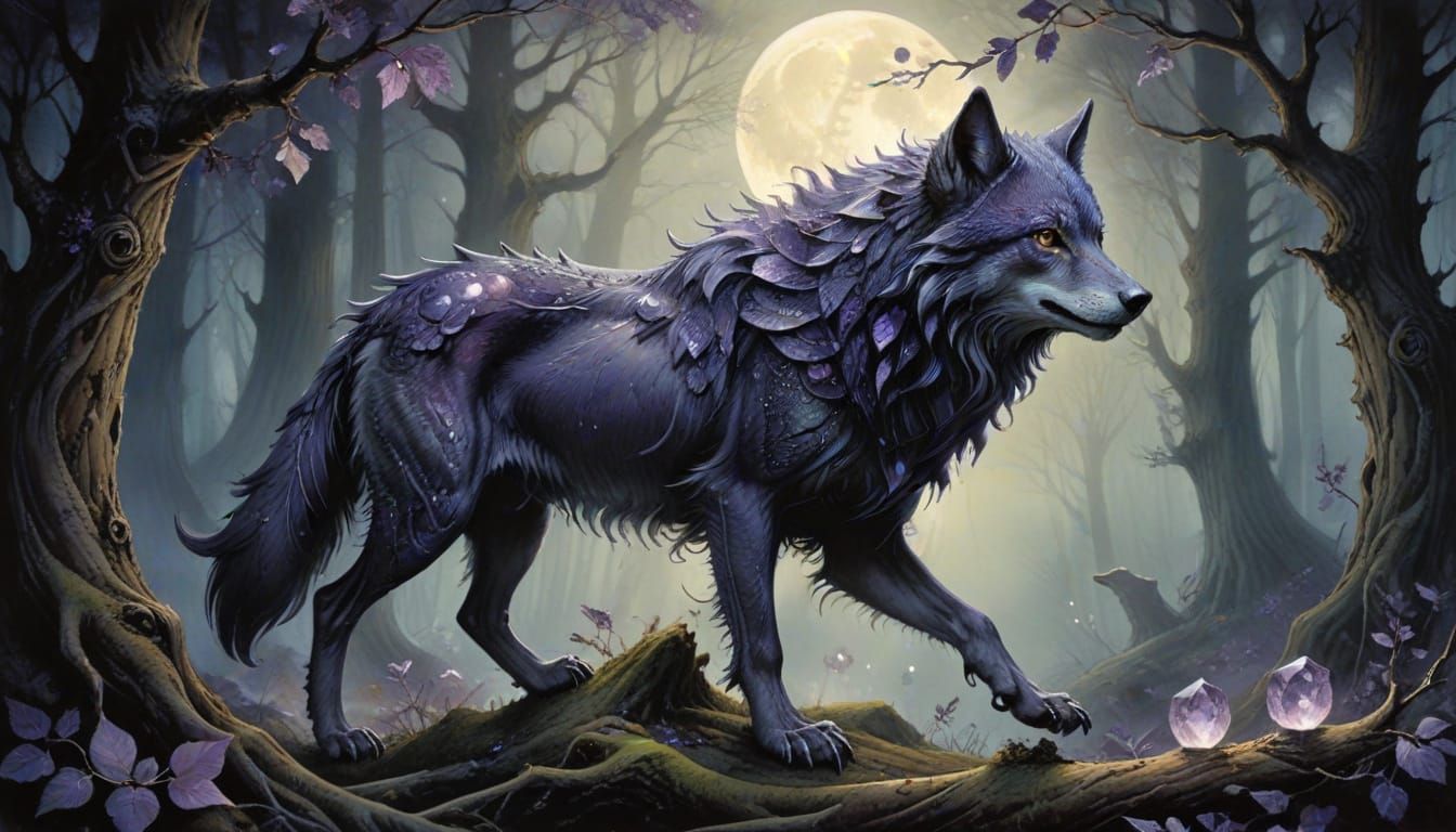 Mystical Crystal Wolf Howling at Moon in Forest