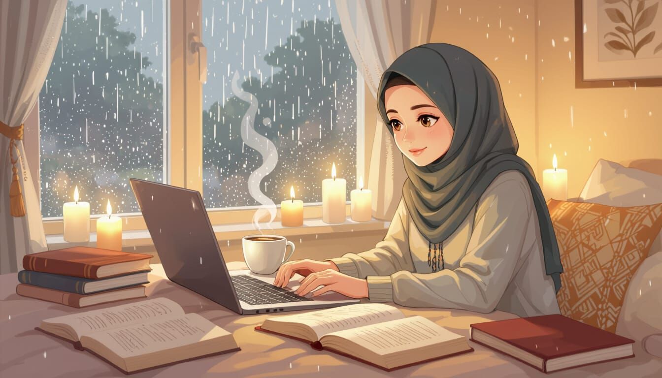 Muslim Girl Studying in Cozy Bedroom