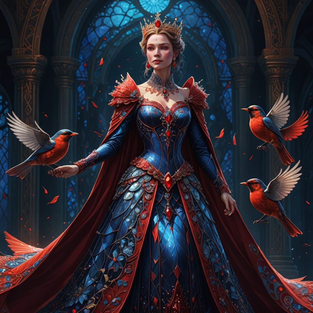 Fantasy Queen in Glass Dress with Robins and Diamonds