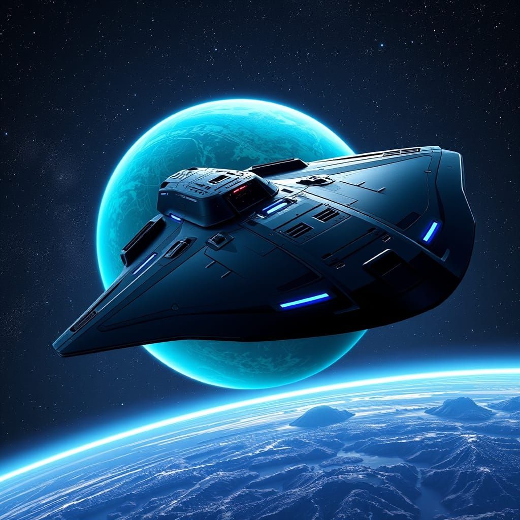 Sleek Obsidian Starship Against Cosmic Backdrop