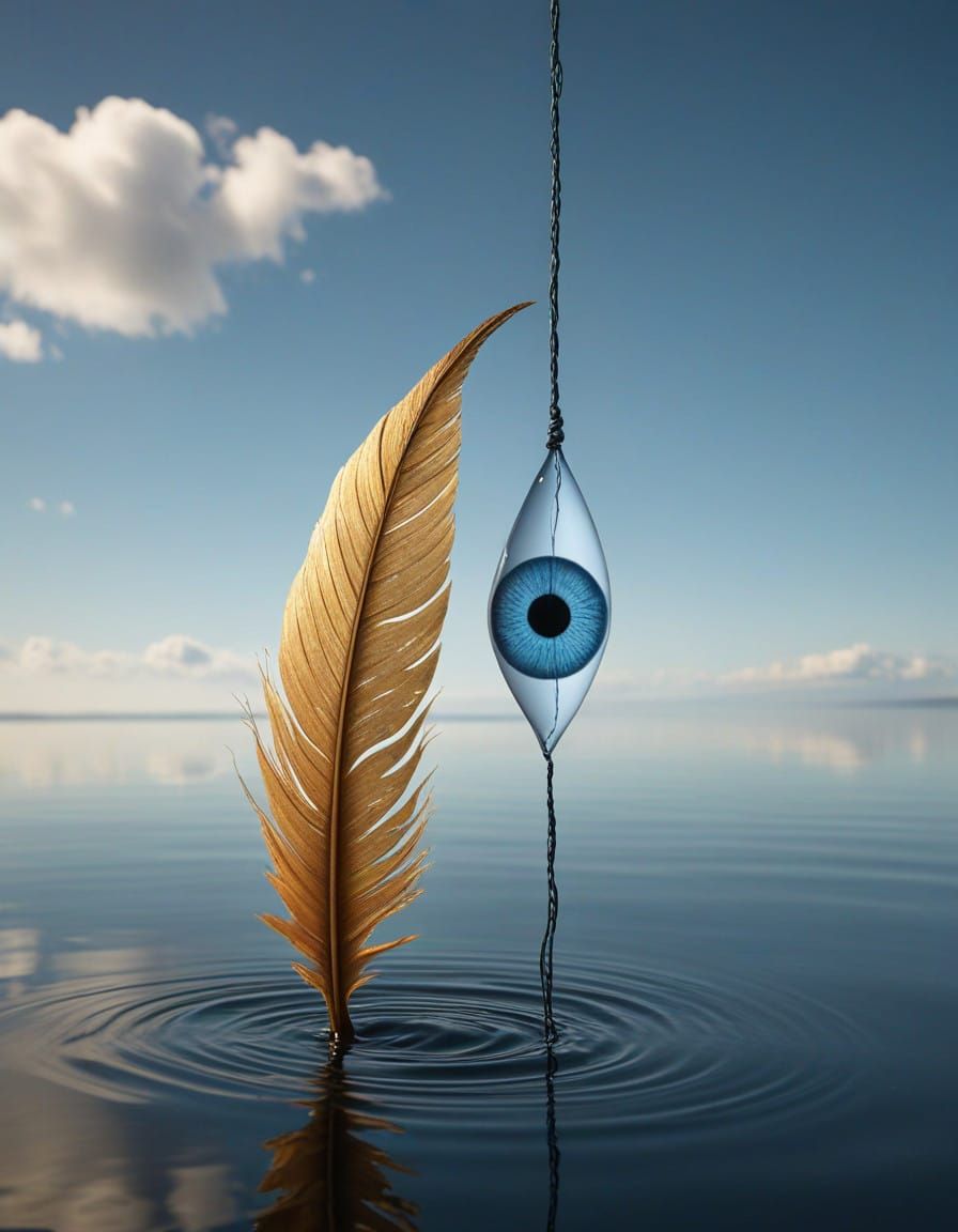 Surrealistic Oceanic Dreamscape with Oversized Feather