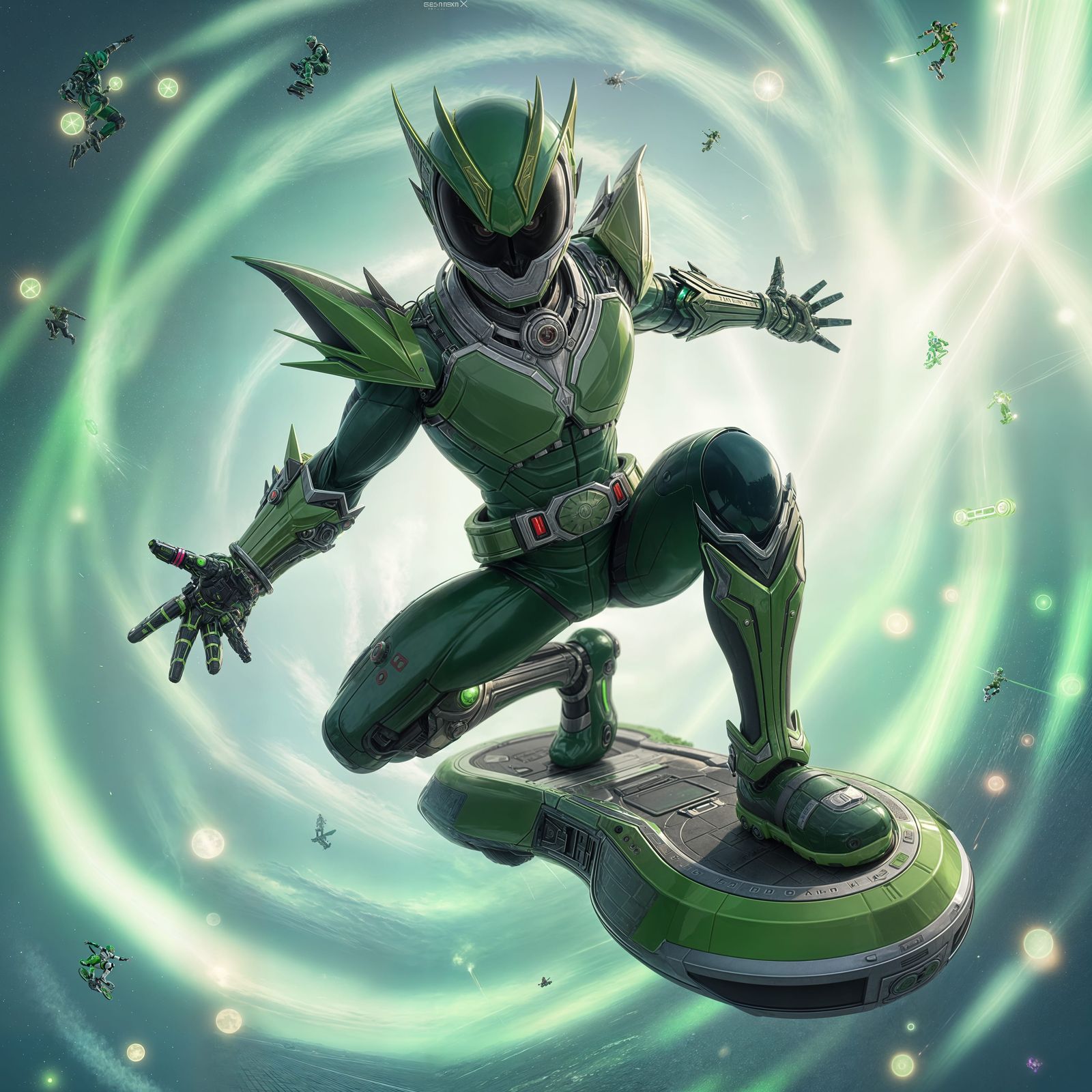 Sleek Green Hero Soars on Futuristic Hoverboard in Vibrant A...