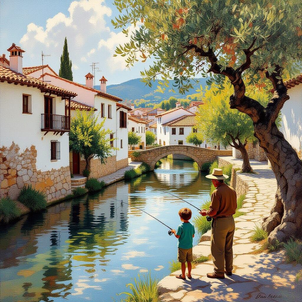 Elderly Man Teaches Boy Fishing in Spanish Village