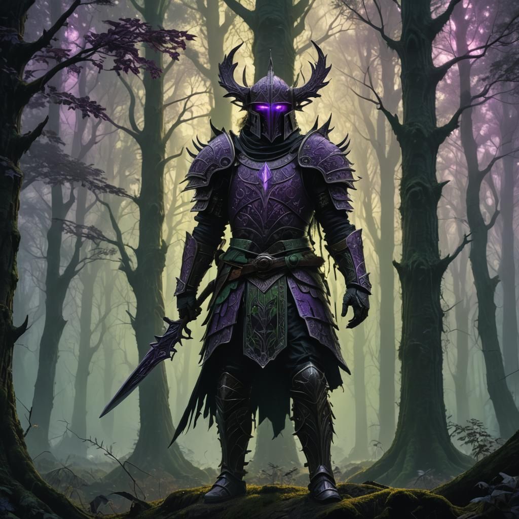 Mystical Warrior in Dark Fantasy Forest, Beksiński Style