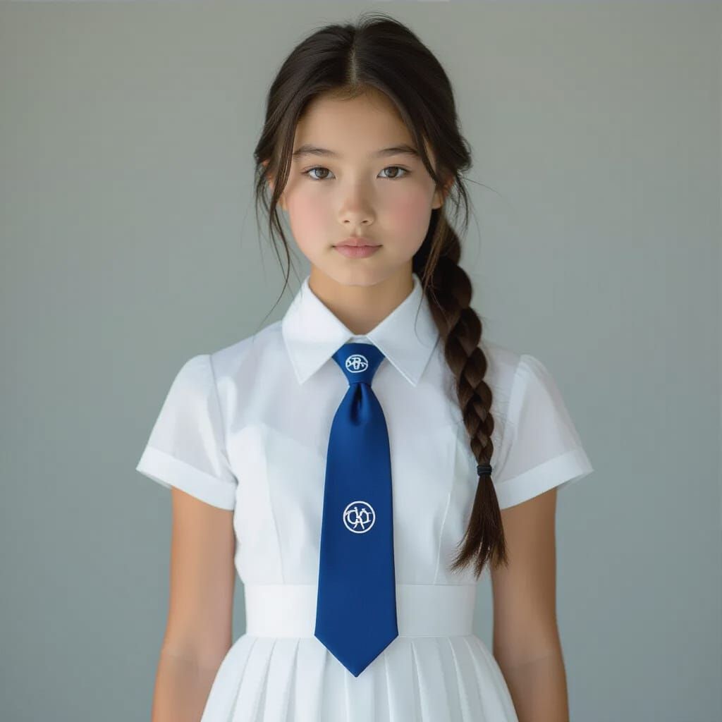 Teenage Girl in White Dress with Blue Tie and Logo