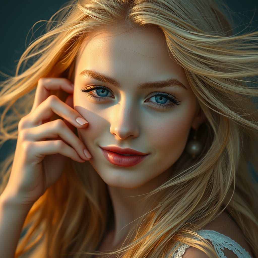 Blonde Beauty with Flowing Hair, Matte Painting Style