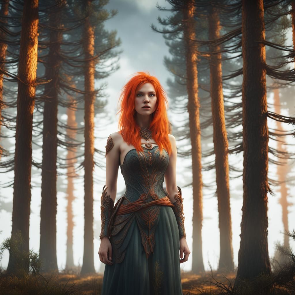 Woman with Orange Hair in Pine Forest