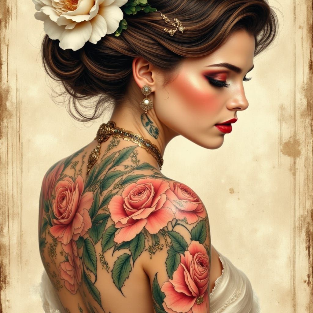 Neo-Traditional Tattoo Portrait of Woman with Rose Adornment...