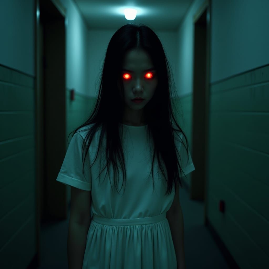 Eerie Ghost Woman in Dimly Lit Horror Scene