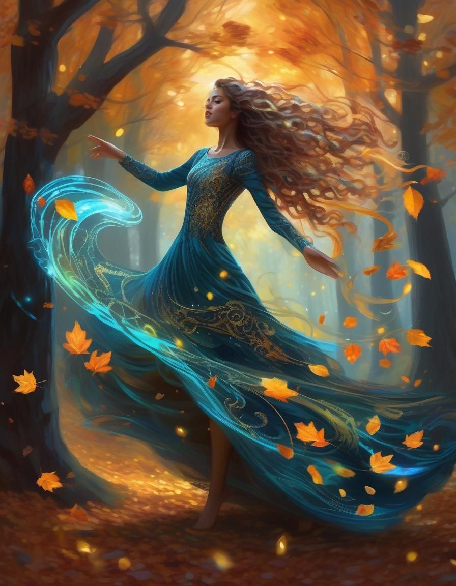 Bioluminescent Fantasy Dancer in Autumn Forest