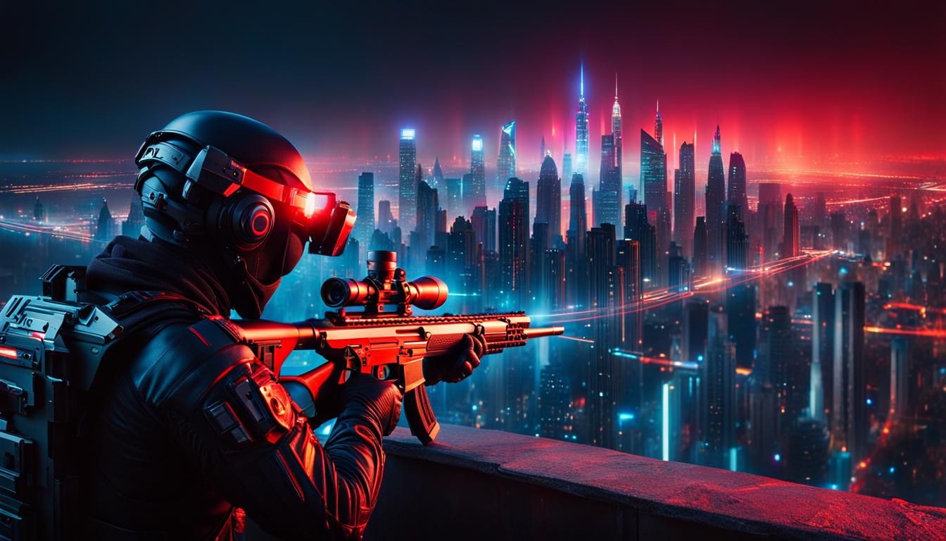 Futuristic Assassin Overlooking Cyberpunk Cityscape