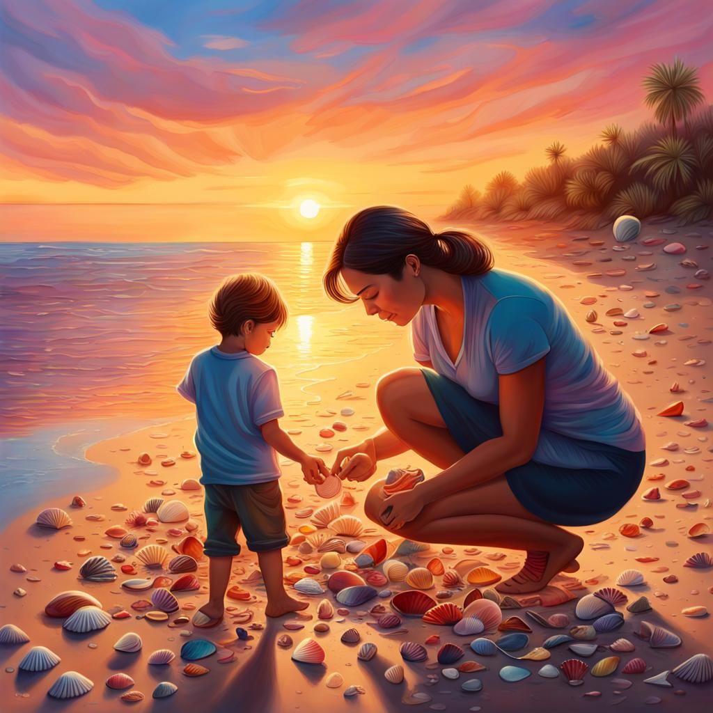 Hyperrealistic Mother and Son Collecting Shells at Sunset