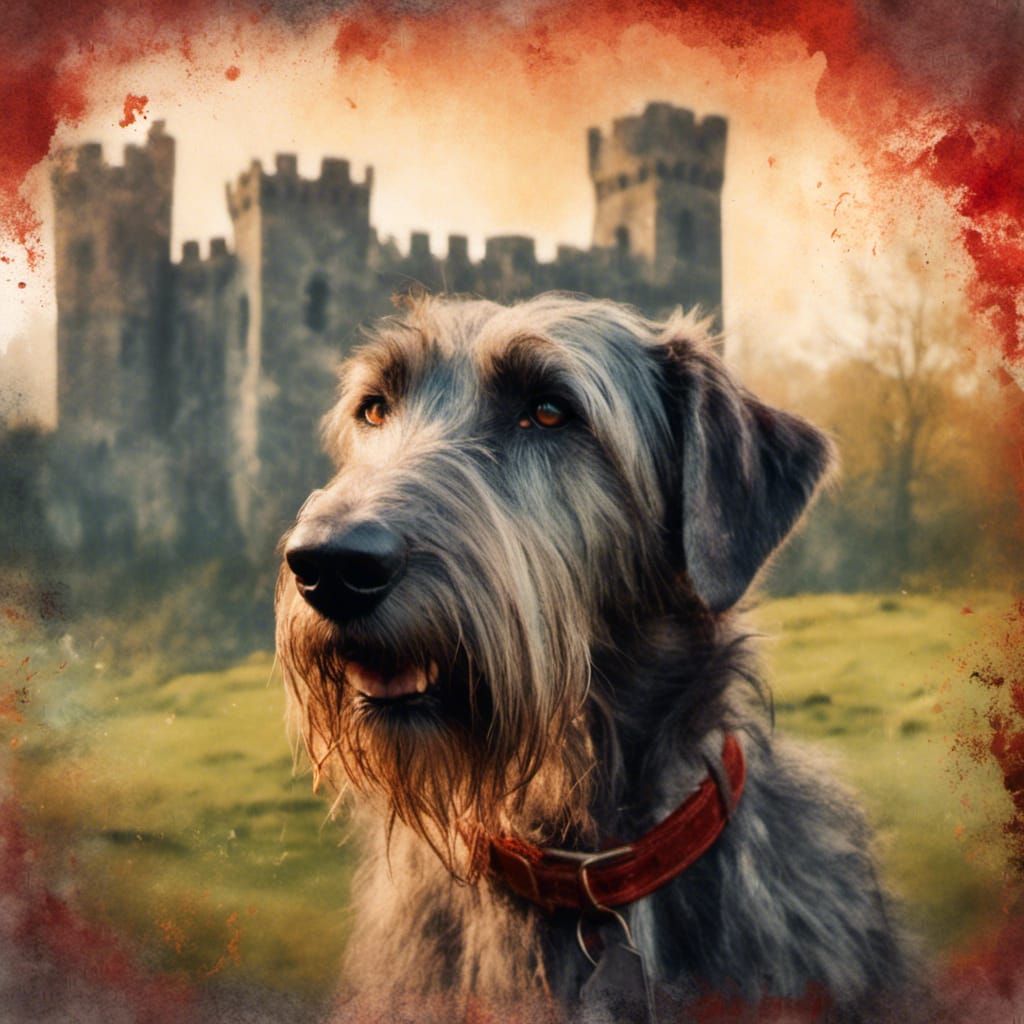 Irish Wolfhound Portrait with Medieval Castle Backdrop