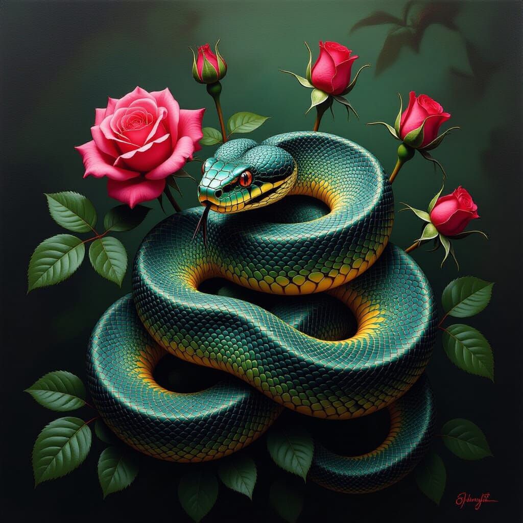 Viper Coiled Around Roses in Dramatic Oil Painting Style