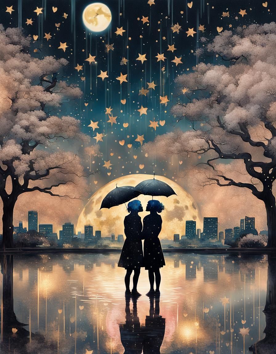 Starry Night Double Exposure Kiss in Fantasy Art