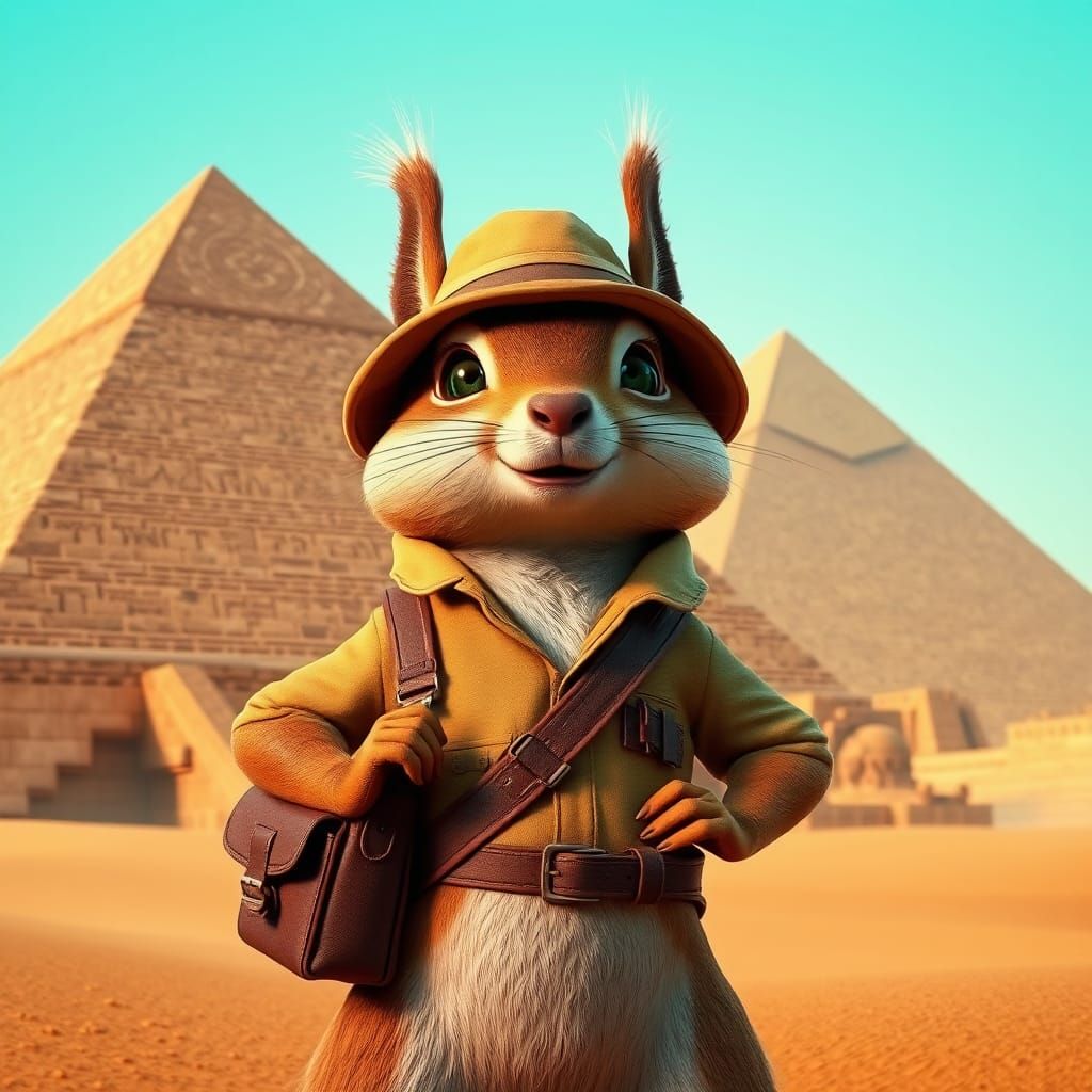 Adventurous Squirrel at the Pyramids: Pixar-Inspired Art