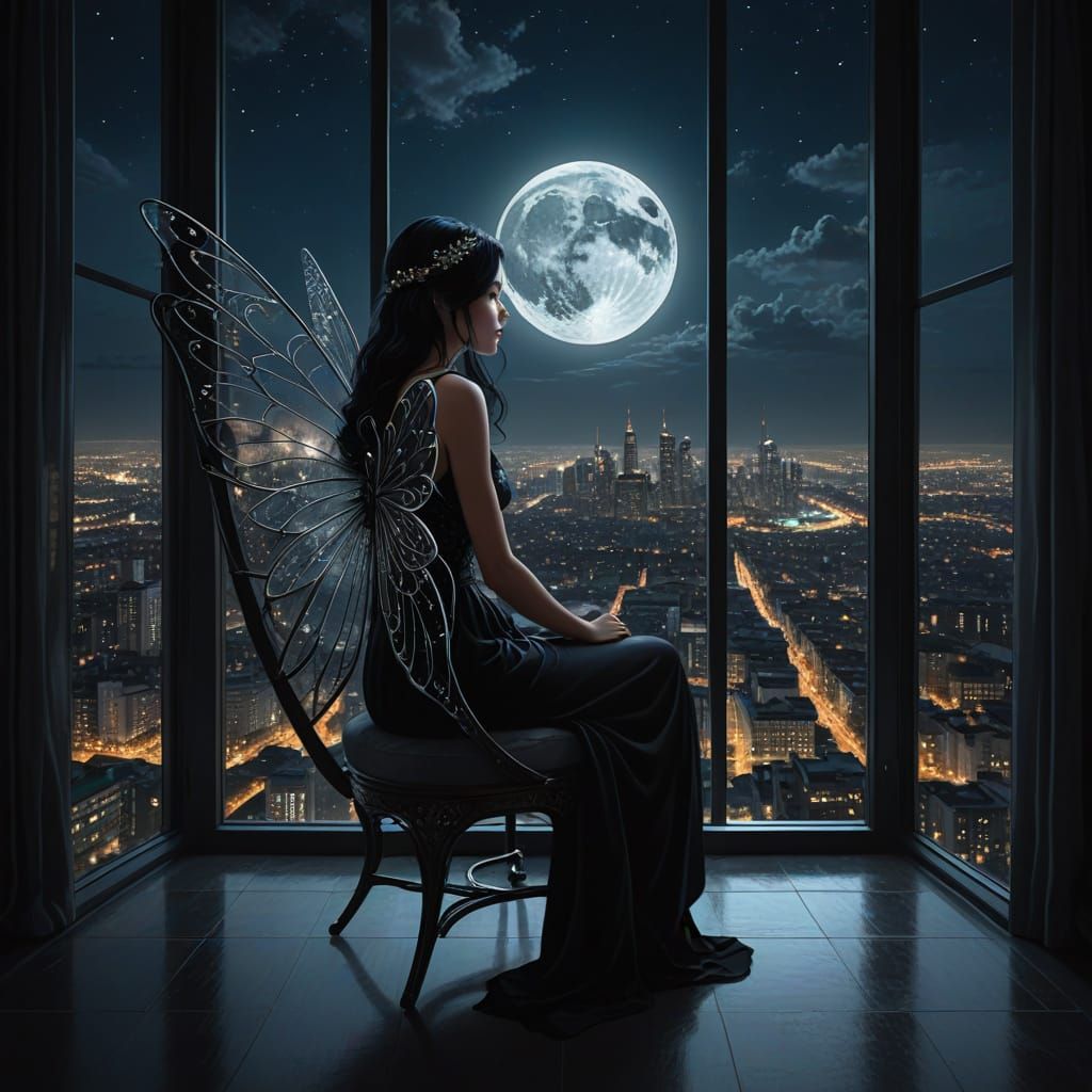 Ethereal Fairy Contemplates Urban Landscape Under Moonlight