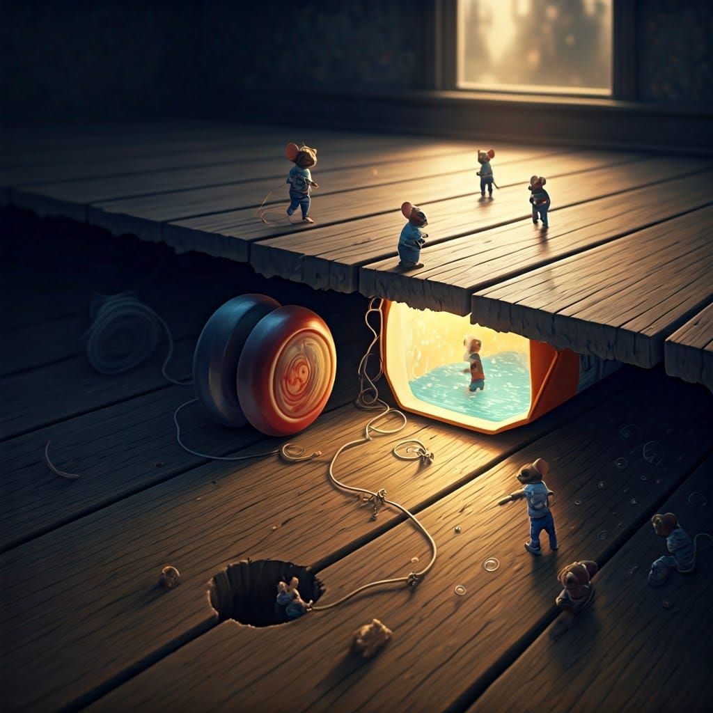 Miniature Mice World Under the Floorboards as Digital Painti...