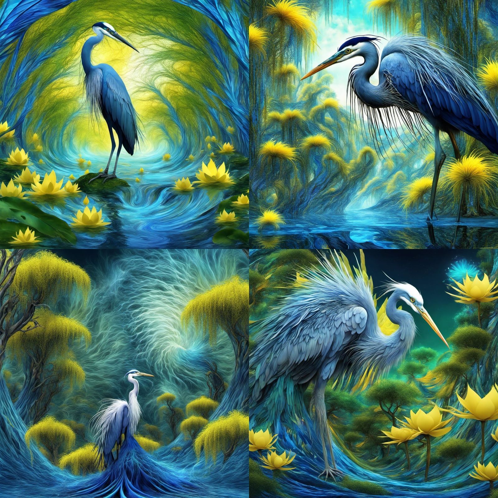Blue Herons in Fantasy Wonderland: Cubist AI Art