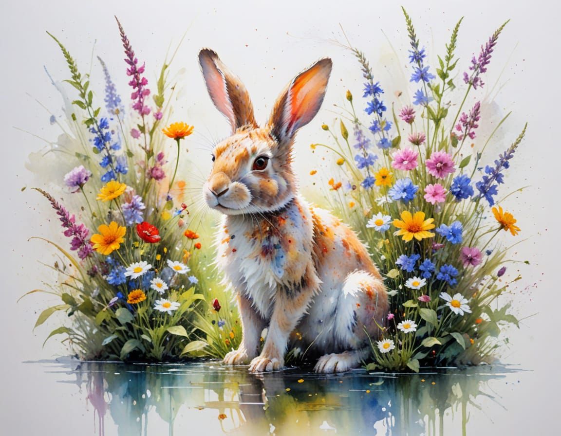 Playful Rabbit in Sunlit River Garden With Eight Legs