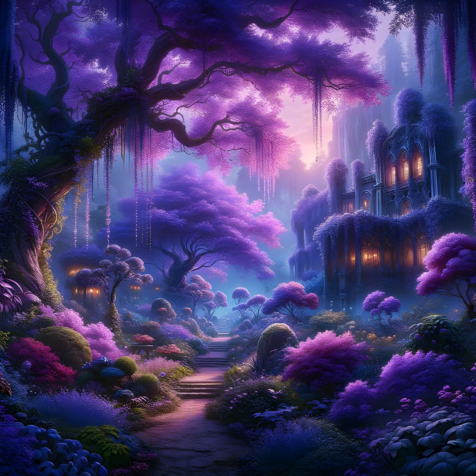 Enchanted Garden in Lavender Twilight, Elaborate Matte Paint...