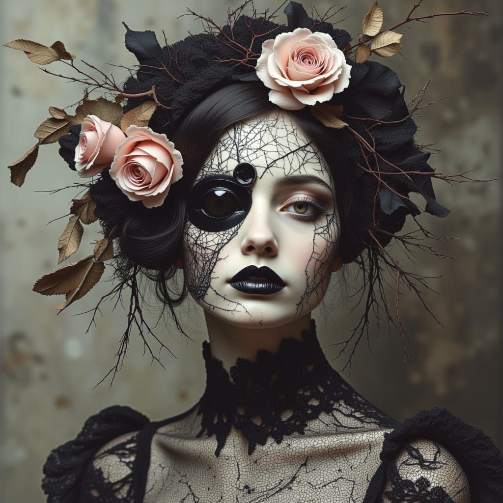 Eerie Woman in Lace Gown with Roses