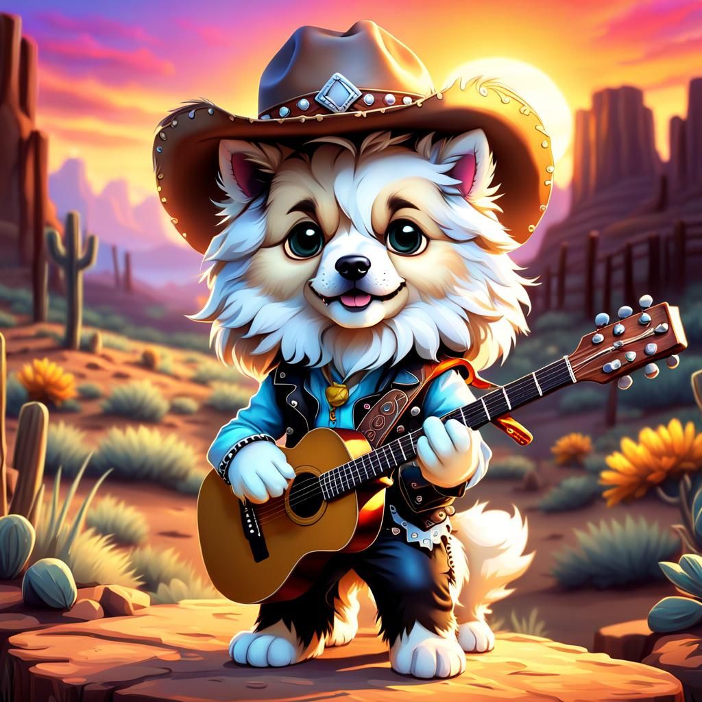 Puppy Cowboy Musician at Sunset, Digital Art