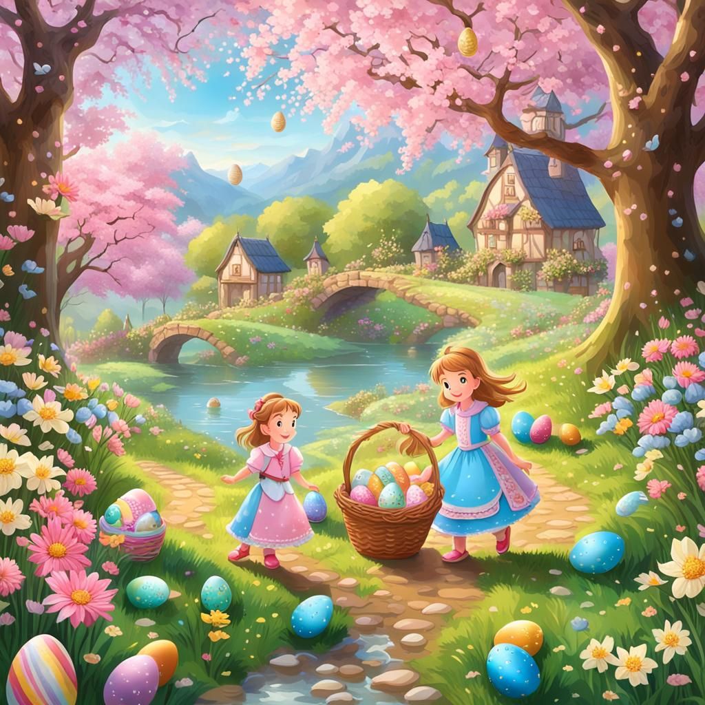 Princesses Easter Egg Hunt in Whimsical Spring Landscape