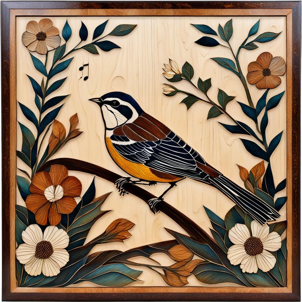 Vintage Songbird Marquetry Inlay with Flowers