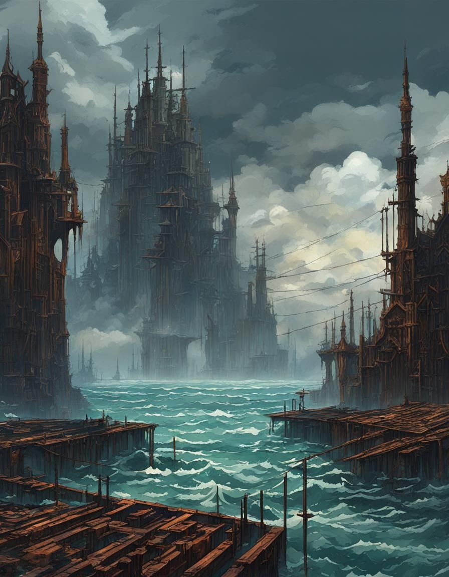 Anime Seascape of Drowned World's Steel Spires