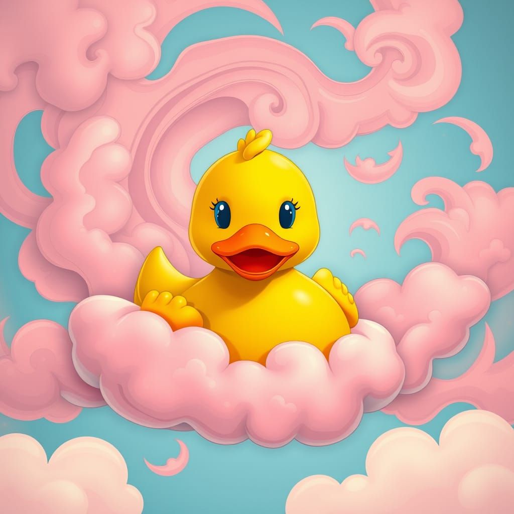 Vibrant Rubber Duck in Whimsical Cloudscape