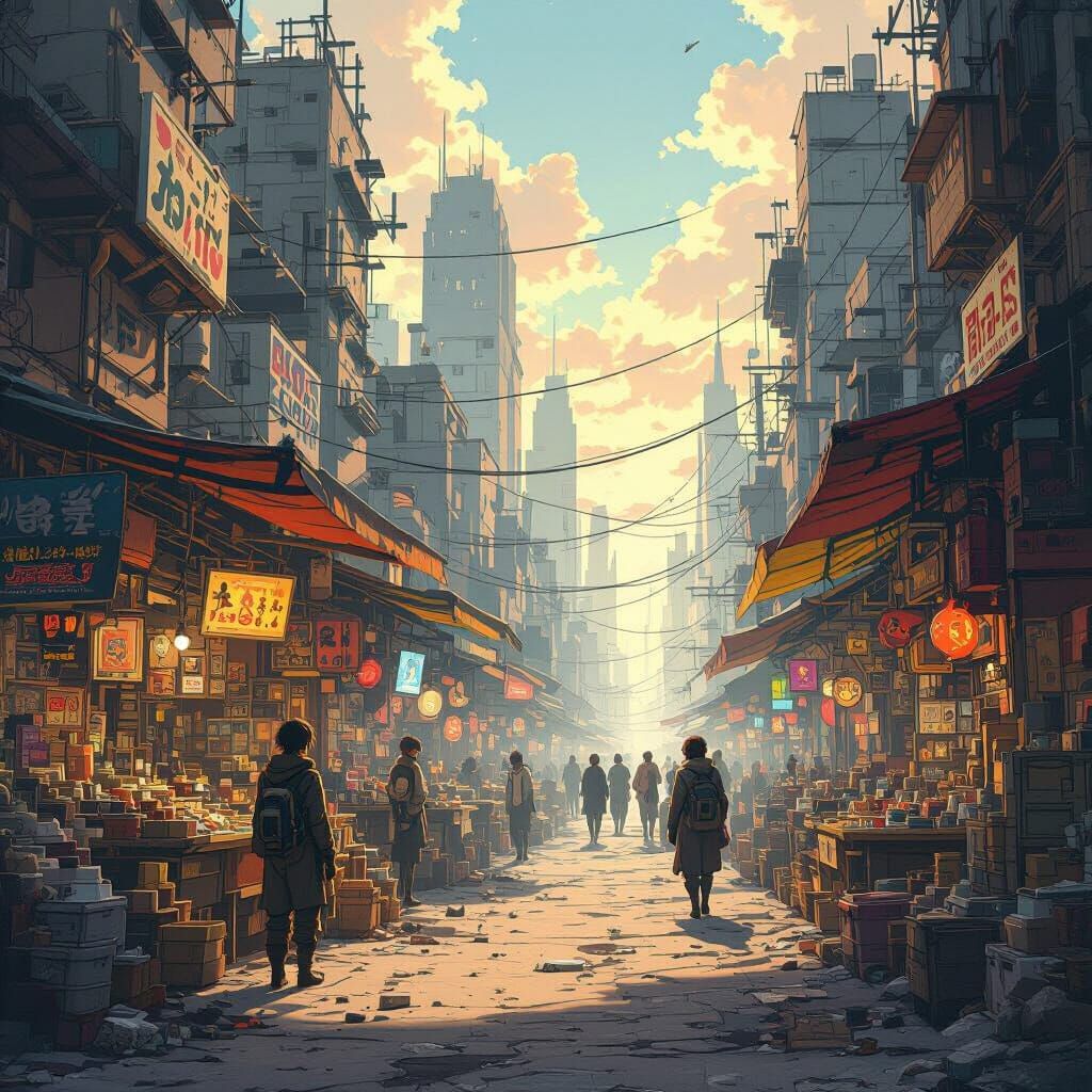 Anime Post-Apocalyptic City Market in Golden Hour Light