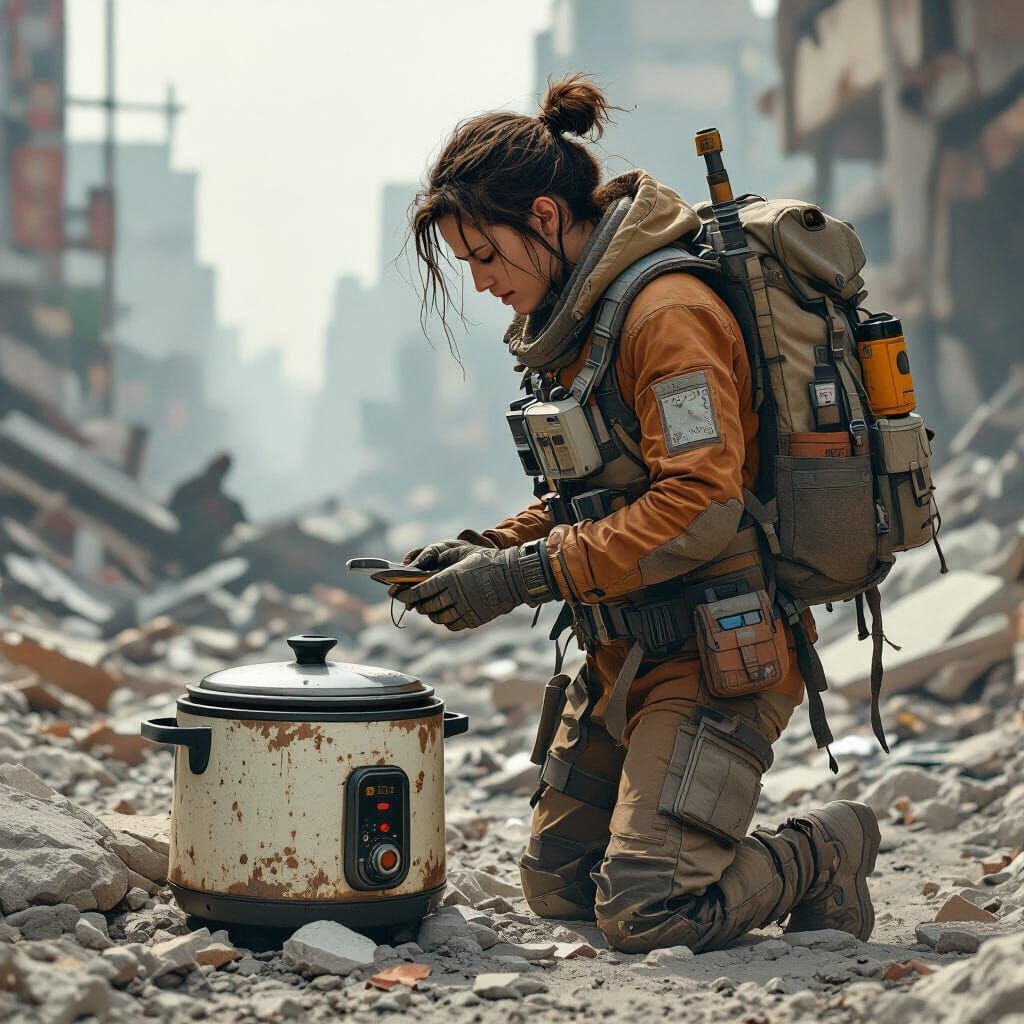 Post-Apocalyptic Explorer Inspects Relic, in Retrofuturism S...