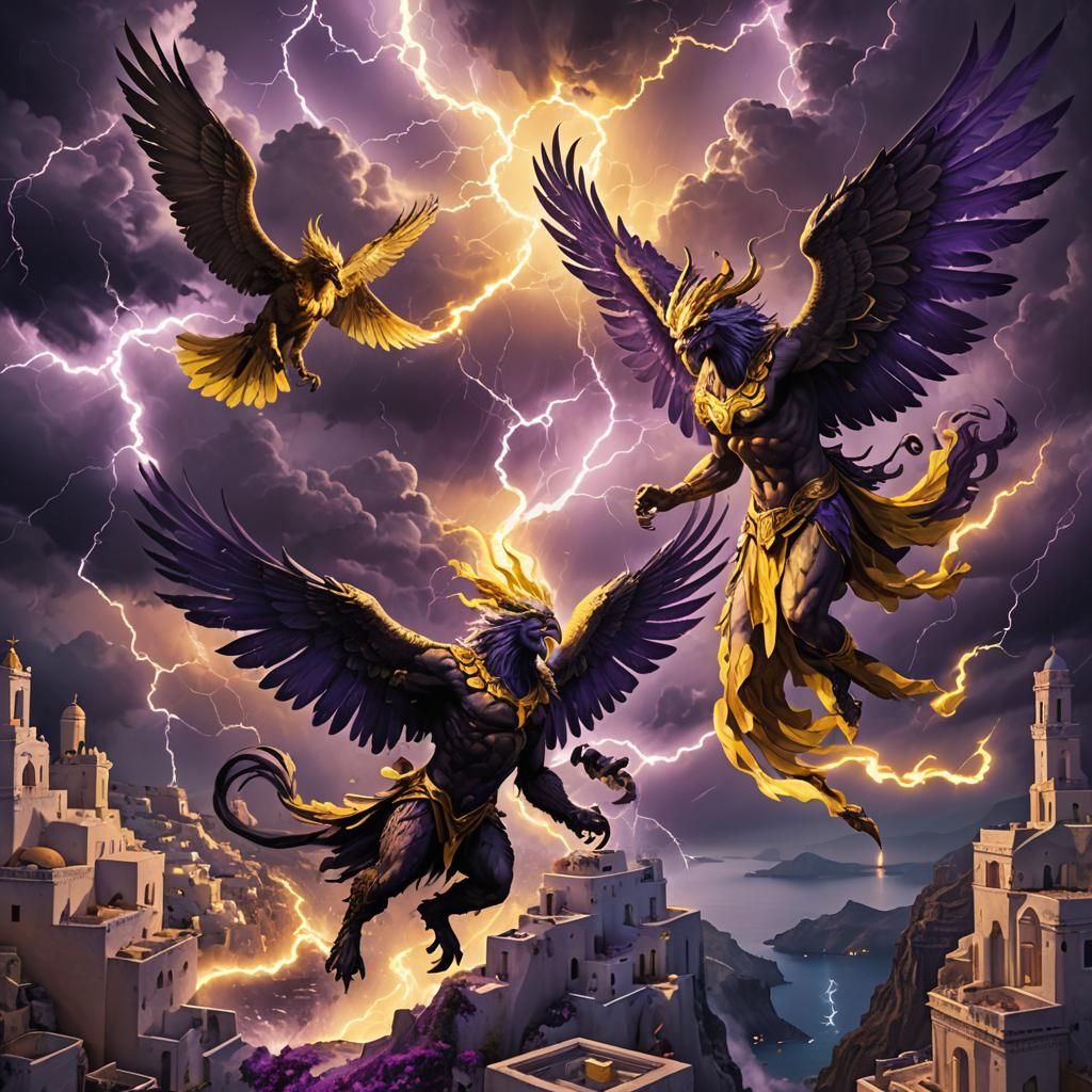 Harpies and Zeus Clash Over Santorini