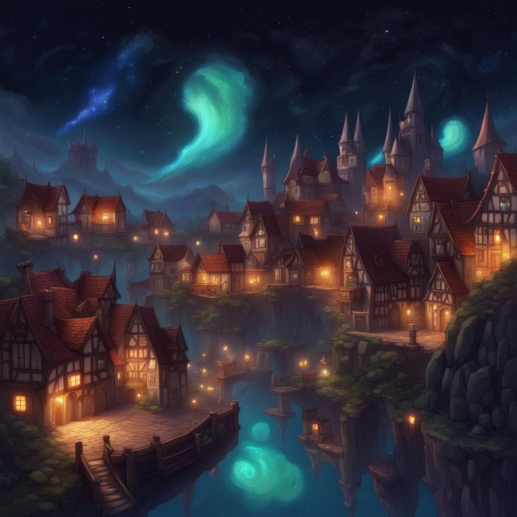 Medieval Town with Starry Sky and Flying Creatures