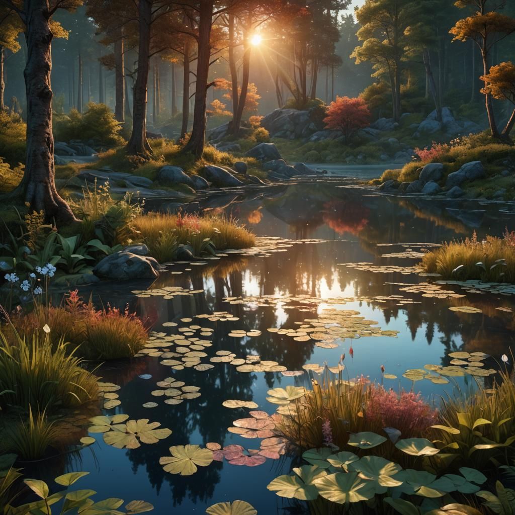 Forest Pond Sunset: Detailed Matte Painting