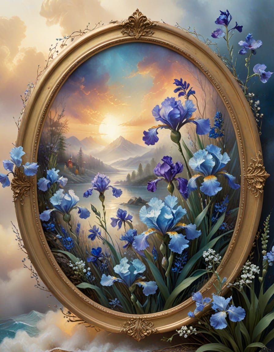 Alcohol Ink Art: Blue Iris Flowers in Gold Frame