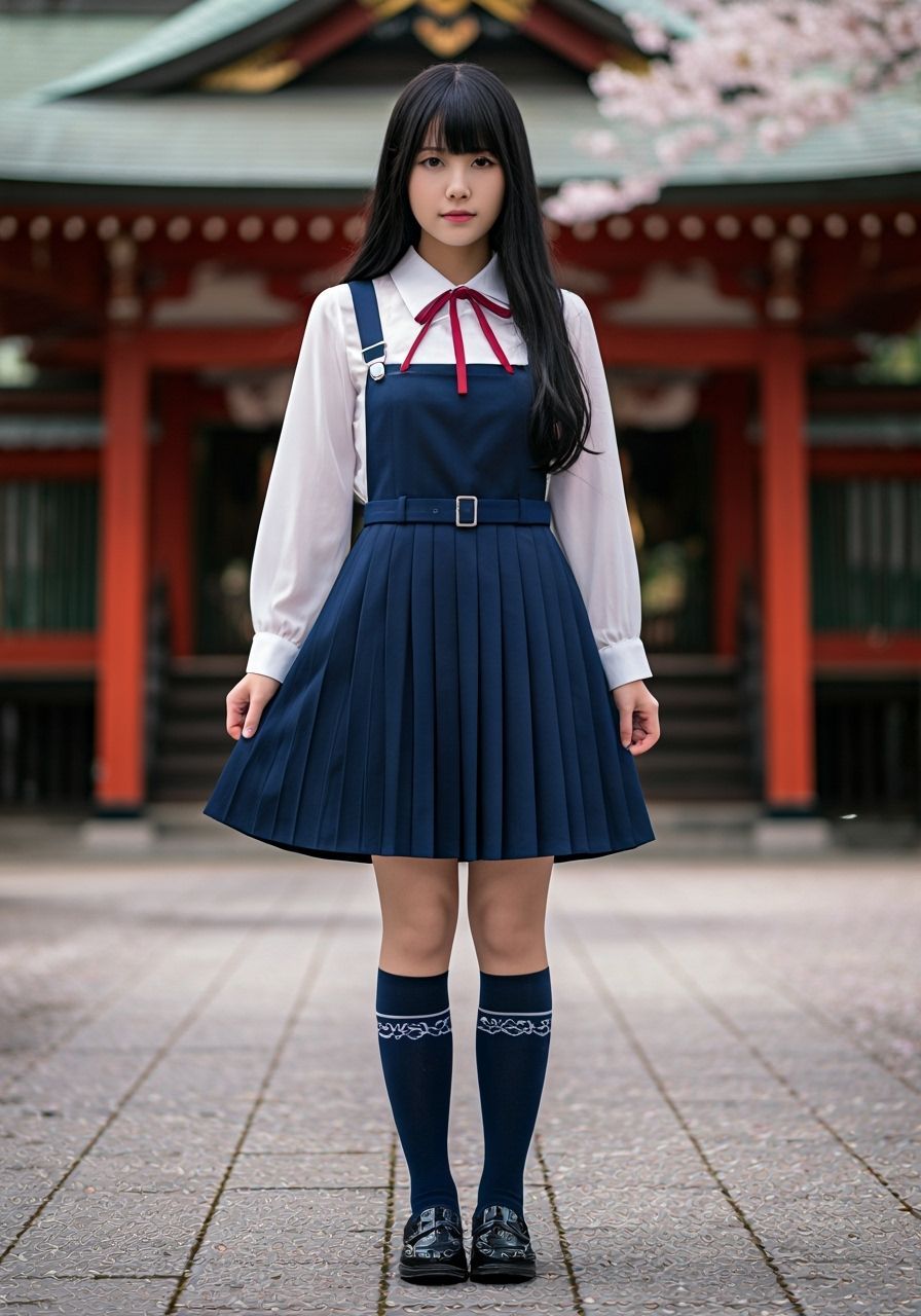 Kaori at Shrine Amid Cherry Blossoms in Japanese School Unif...
