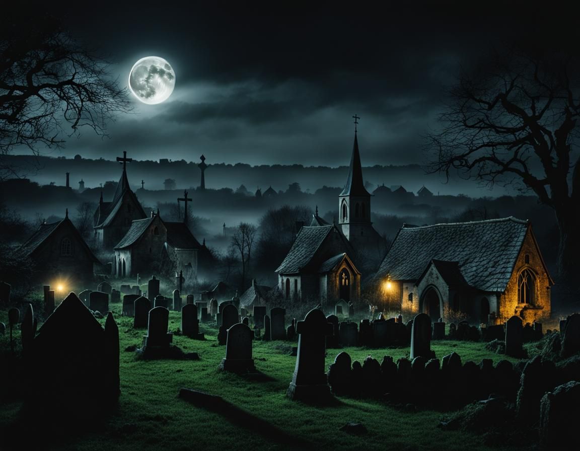 Haunted Village Graveyard Under a Sinister Moon