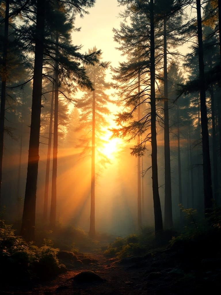 Golden Morning Forest Glow in Photorealistic Detail