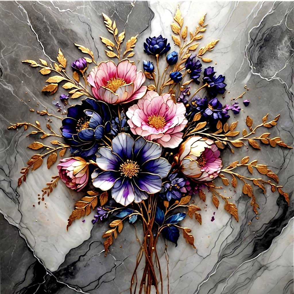 Vivid Floral Still Life on Marble with Golden Streaks