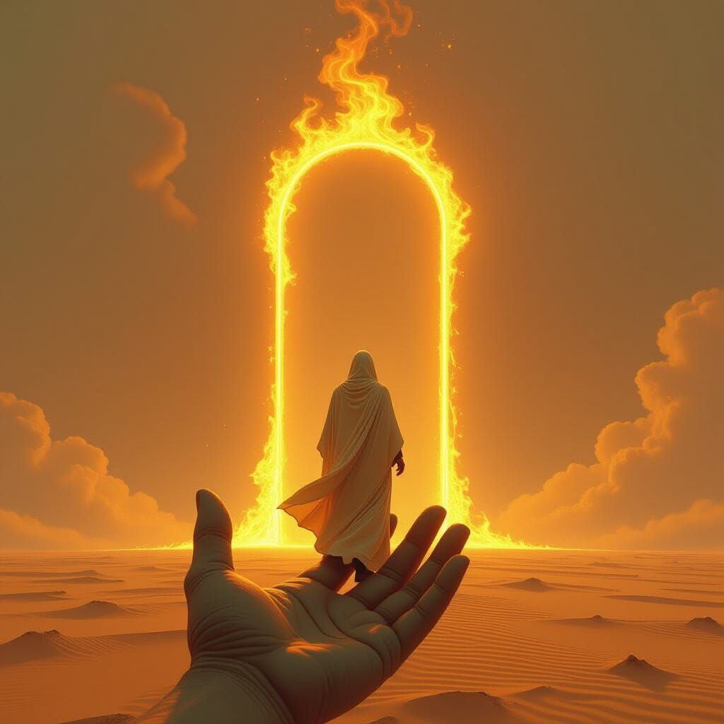 Ethereal Figure Guided Towards Burning Archway