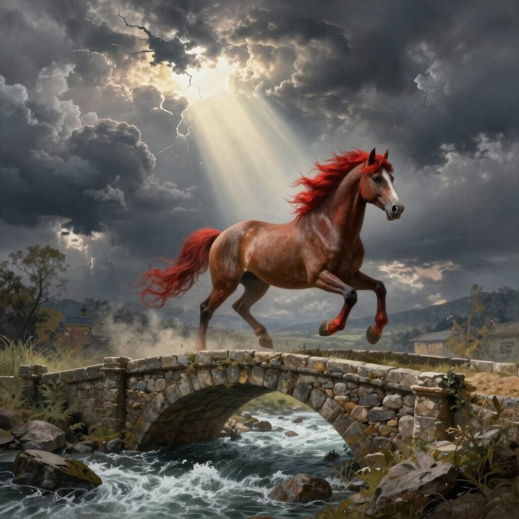 Red-Maned Centaur on Stone Bridge Under Stormy Skies