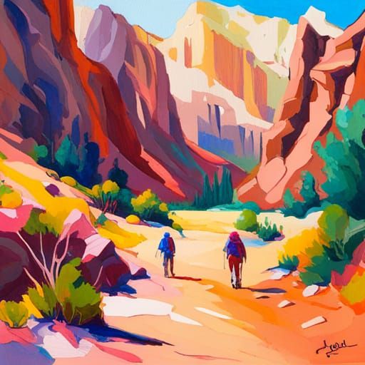 Abstract Desert Hikers: Gouache Impressionist Masterpiece