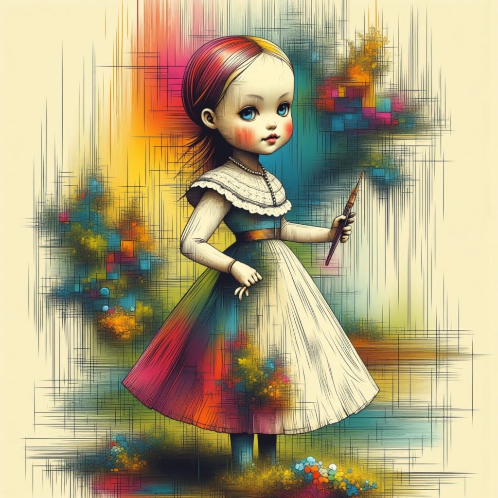 Vintage Doll in Lace Dress in a Graphic Style